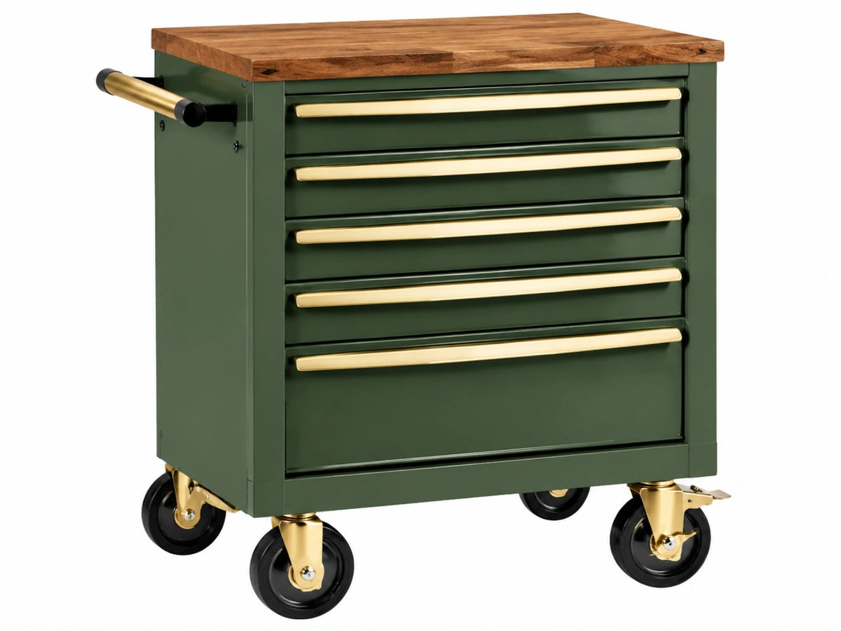 Gereedschapswagen 72 x 46 x 91 cm staal en hout groen met 5 laden