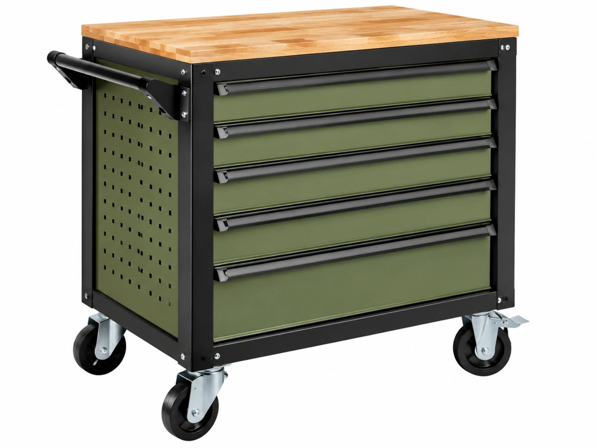 Gereedschapswagen 77 x 46 x 95 cm staal hout groen zwart met 5 laden industriële werkplaatsopslag