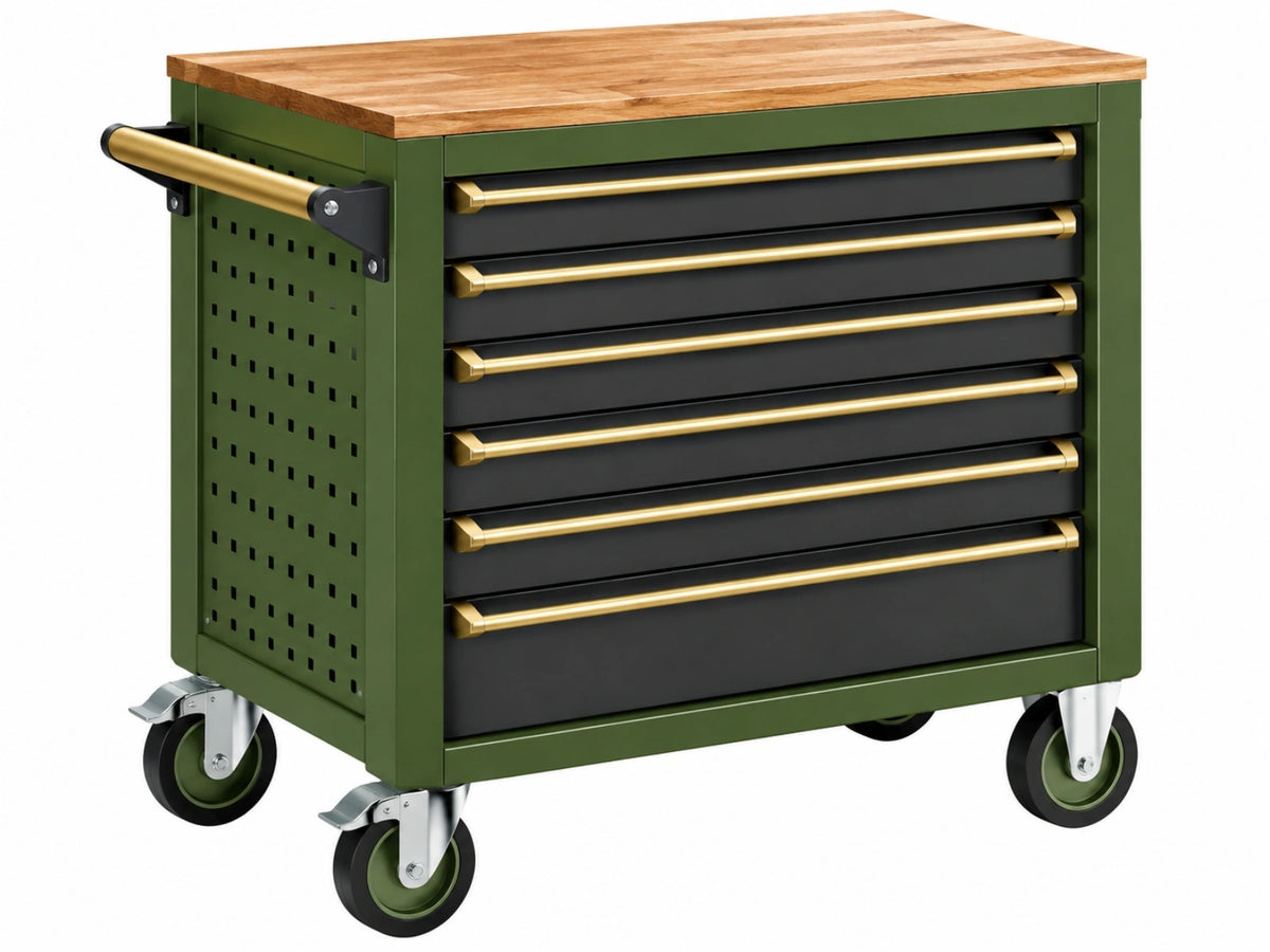 Gereedschapswagen 85 x 50 x 95 cm staal groen met houten werkblad en 7 laden
