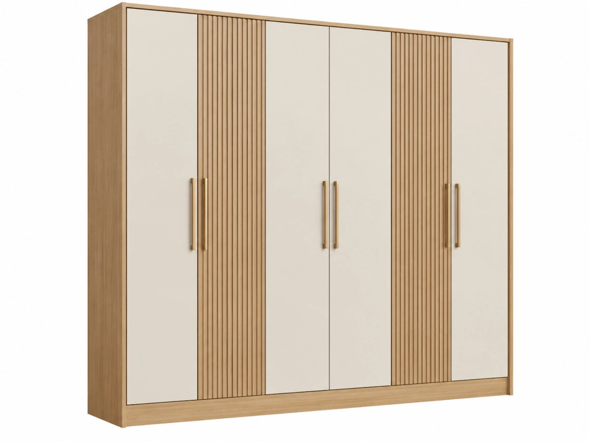 Kledingkast 270 x 60 x 210 cm beige/naturel eiken plaatmateriaal met 6 deuren en verticale latten