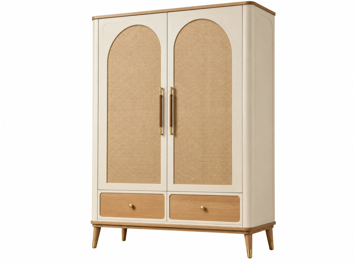 Kledingkast 100 x 50 x 180 cm hout crème naturel met rotanlook deuren en laden