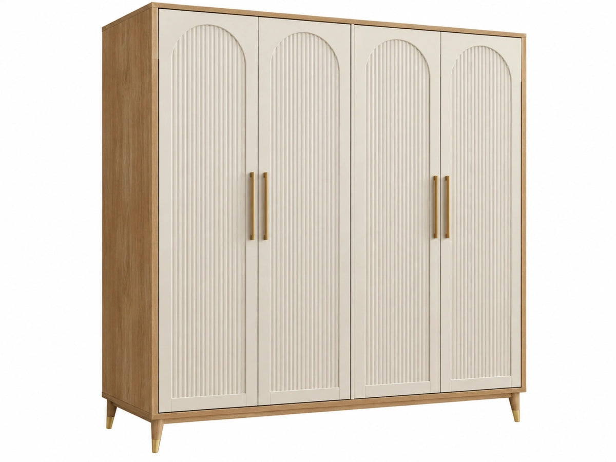 Kledingkast 200 x 60 x 200 cm houtlook beige met 4 deuren geribbelde panelen