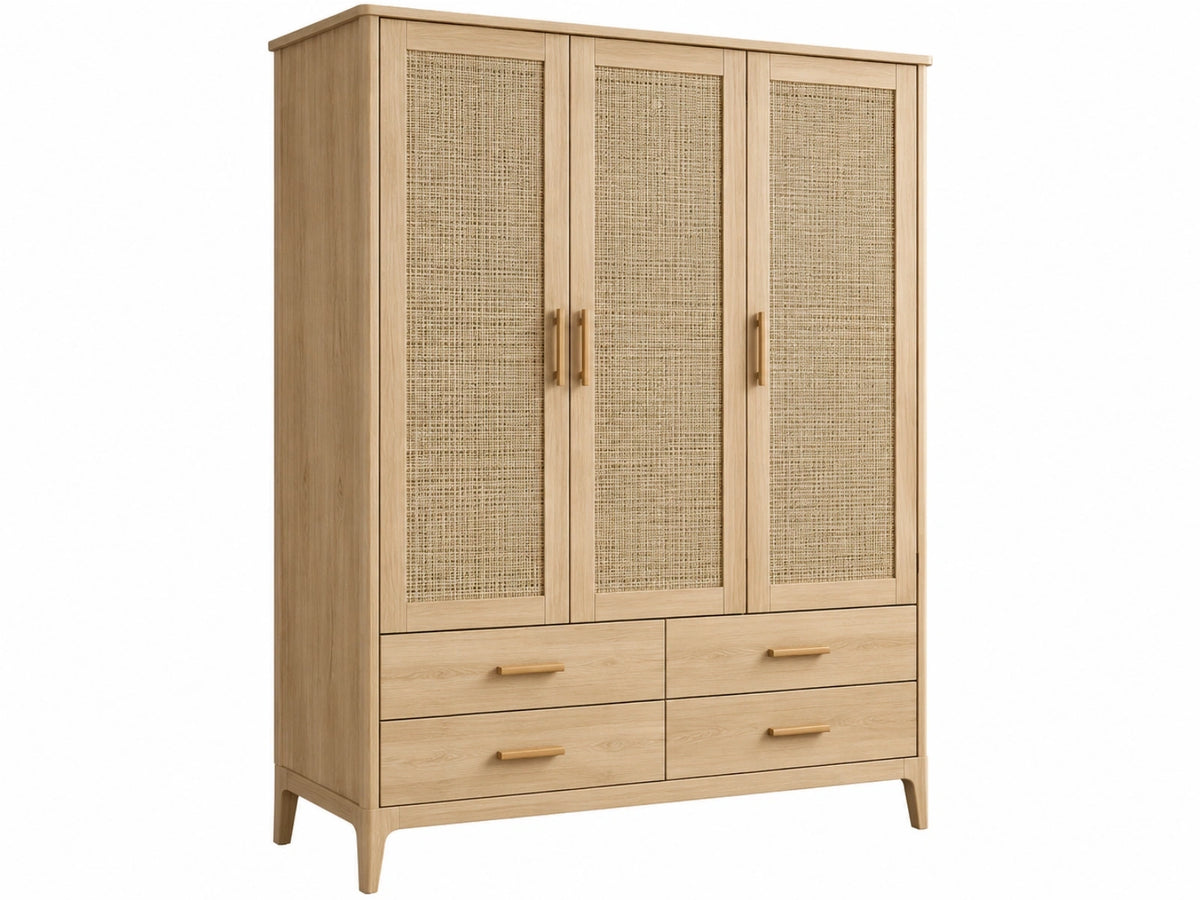 Kledingkast 120 x 55 x 190 cm hout naturel met rotan deuren Scandinavische opbergkast