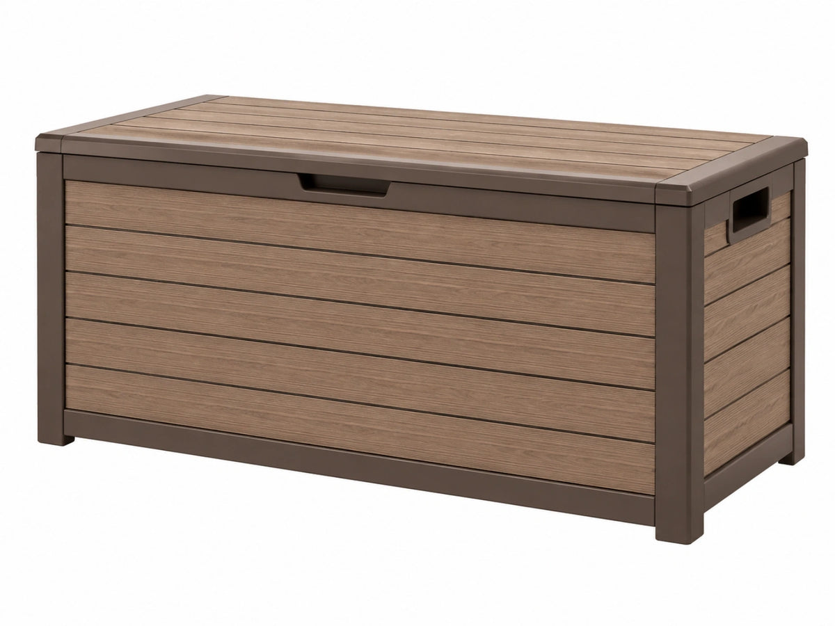 Opbergkist 150 x 70 x 70 cm kunststof bruin voor buiten met houtlook