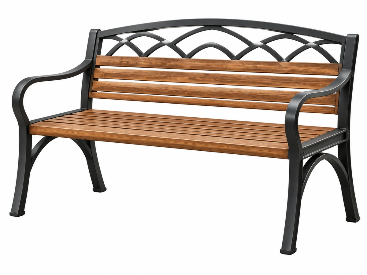 Tuinbank 122 x 60 x 89 cm hout zwart/bruin metalen frame met gebogen rugleuning