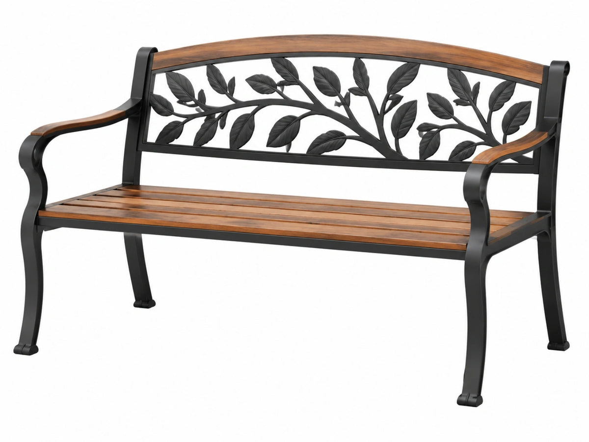 Tuinbank 125 x 60 x 85 cm hout en metaal bruin zwart met bladerenpatroon