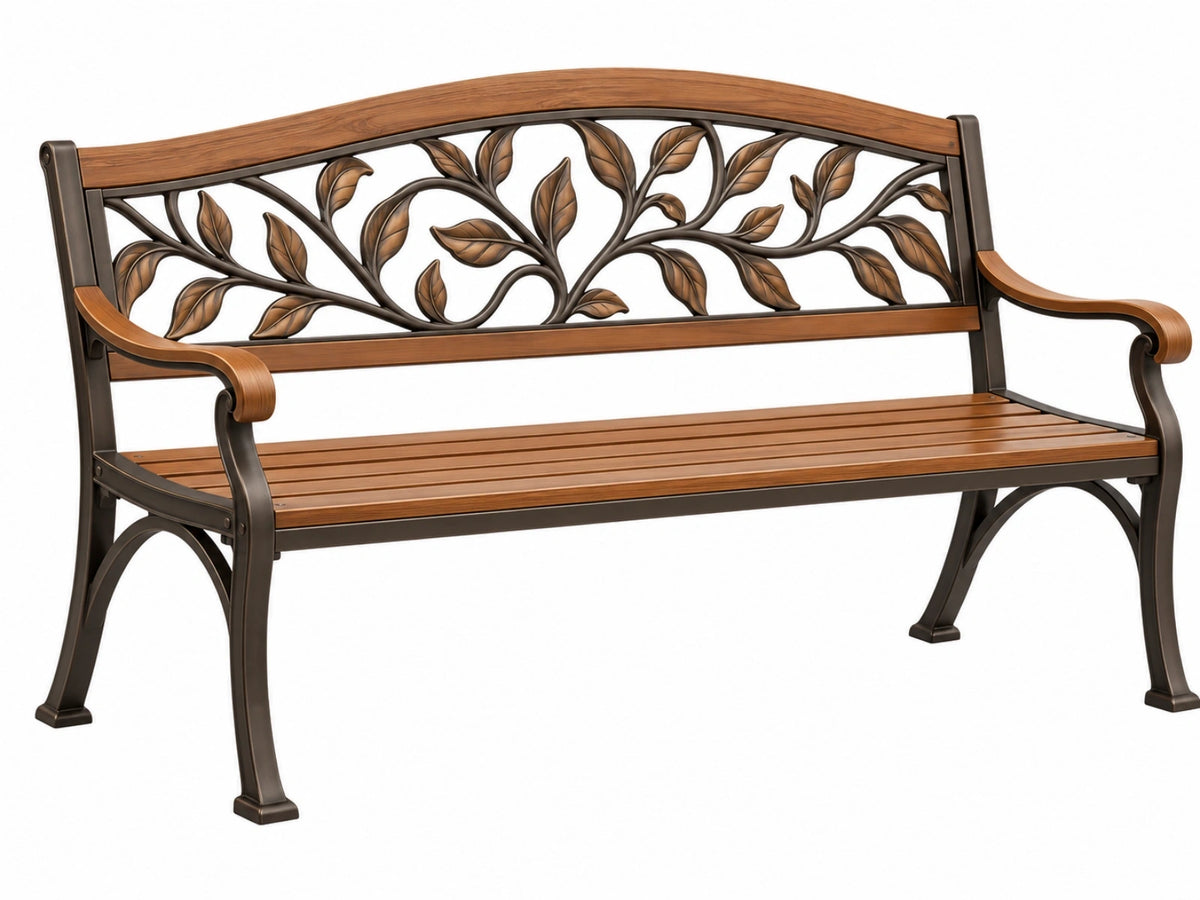 Tuinbank 150 x 65 x 90 cm hout en metaal bruin - bank met bladmotief